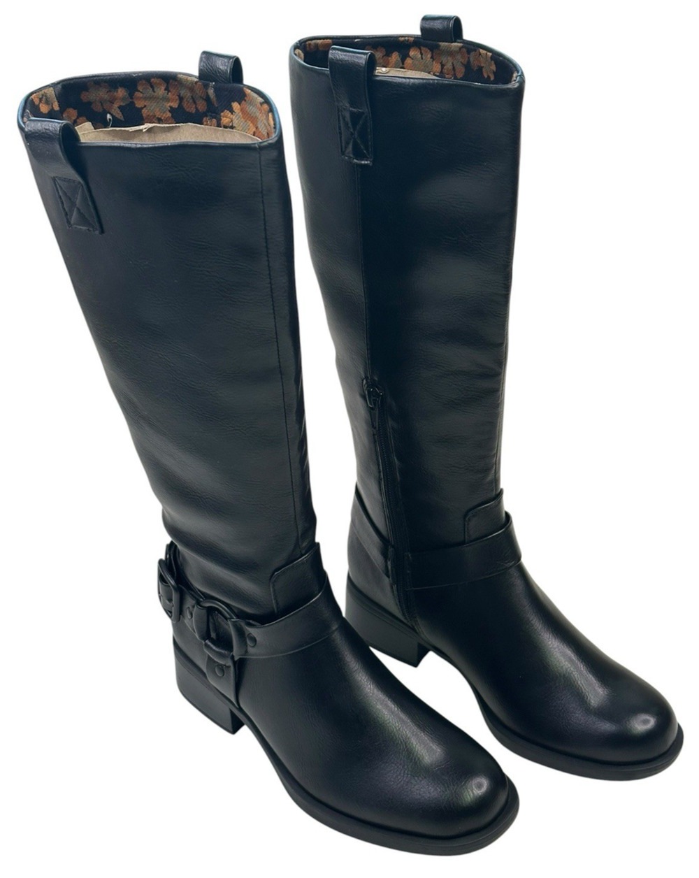 BOC Born Riding Boot Black Faux Leather Buckle Harness Side Zip Womens 7M New A